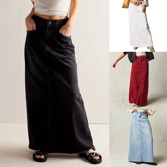 Hpapadks High Waisted Skirts for Women Vintage Hem Solid High Waist A Line Long Denim Maxi Skirt Black L