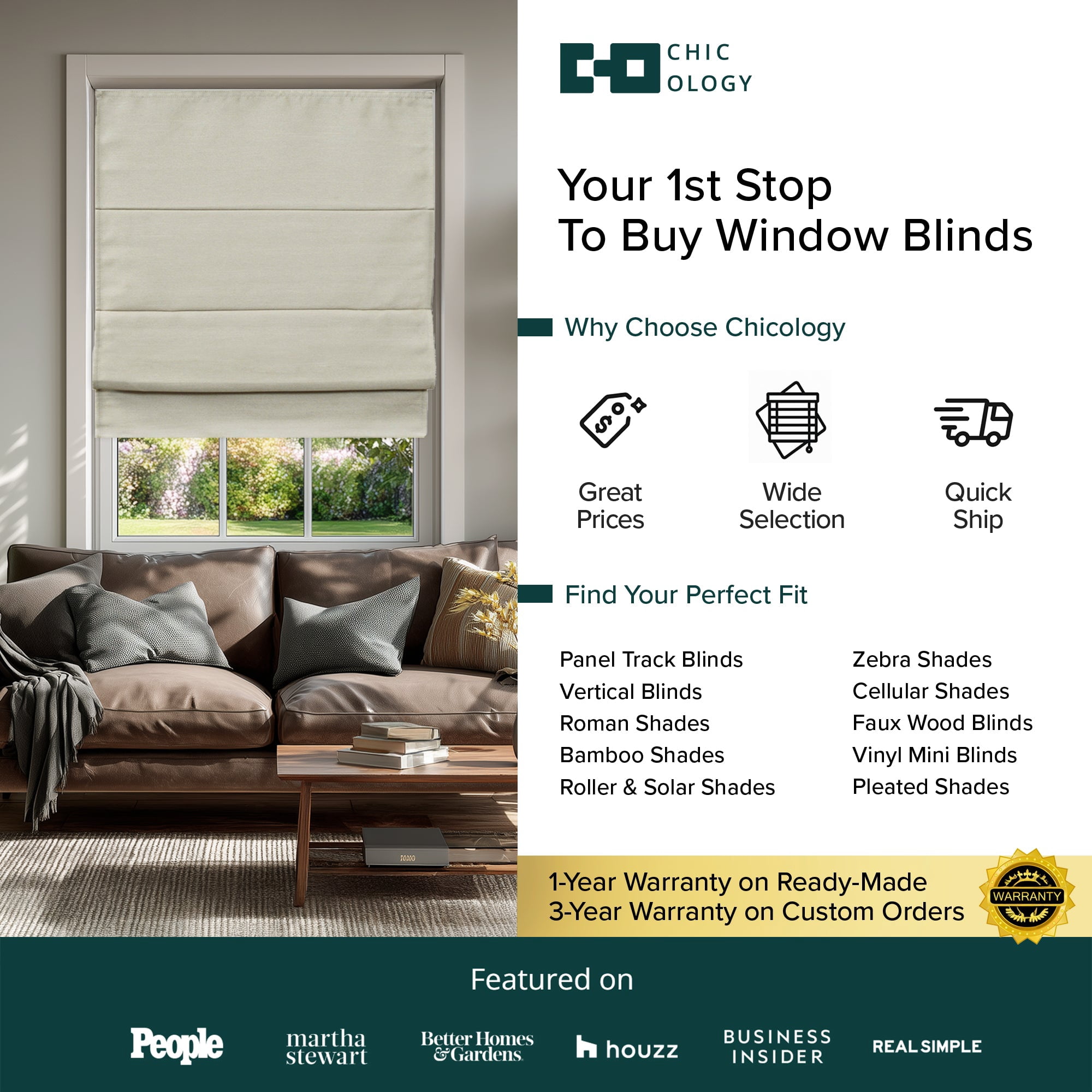 Chicology Cordless Roman Shade, Blackout, Del Mar Moon Shell, 34"W X 64"H