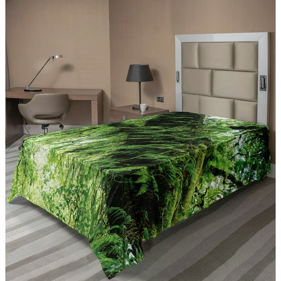 Ambesonne Tropical Flat Sheet, Idyllic Spring Jungle, TwinXL Size, Green Brown