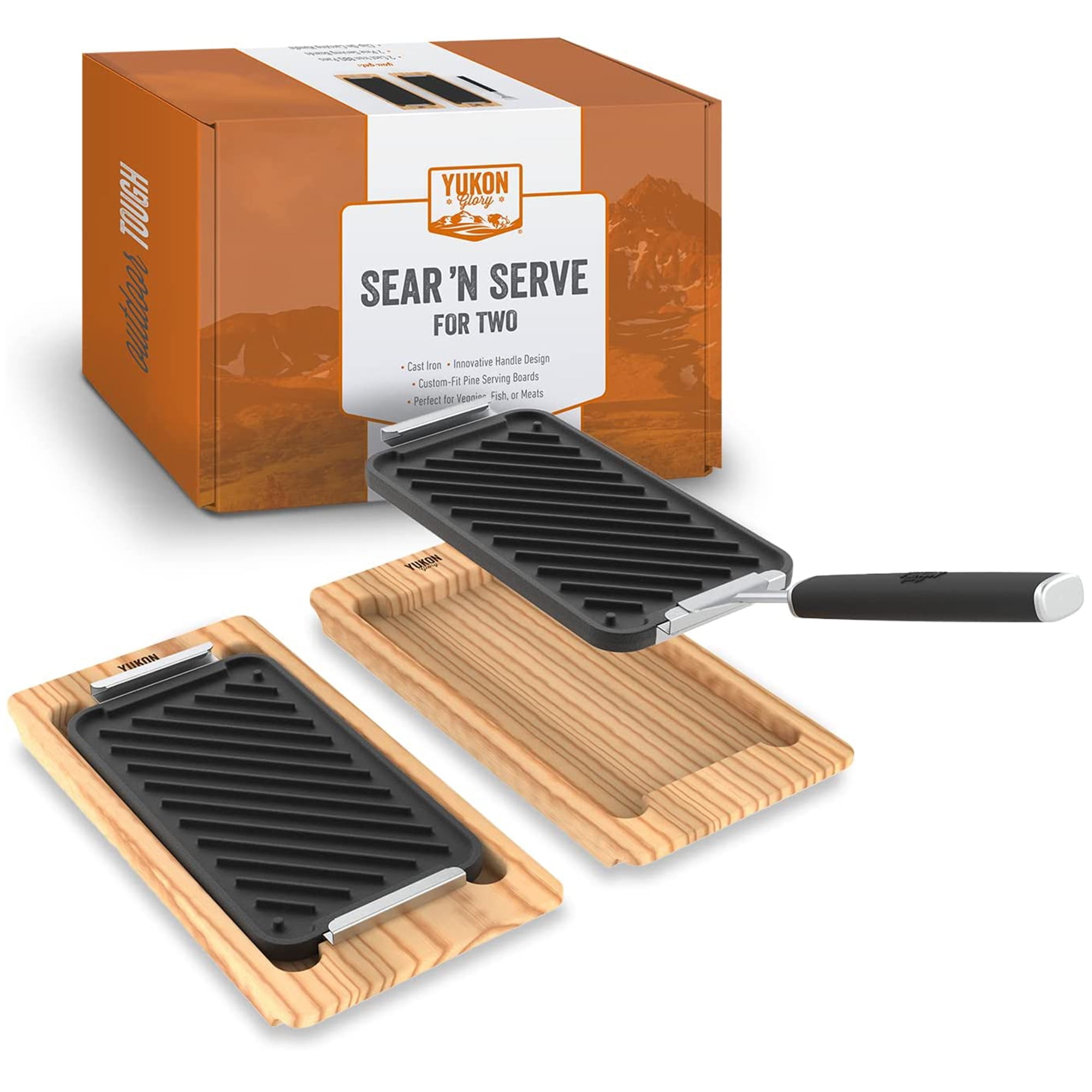 Yukon Glory BBQ Wooden Trays & Cast Iron Grill Pan Set with Clip-On ...