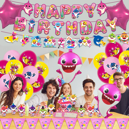 138 Pcs Baby Birthday Shark Decorations, Baby Sharkl Party Supplies Include Banners, Cake Cupcake Toppers, Latex Balloons, Hanging Swirls, Foil Balloons, Invitation Card and Stickers for Kids