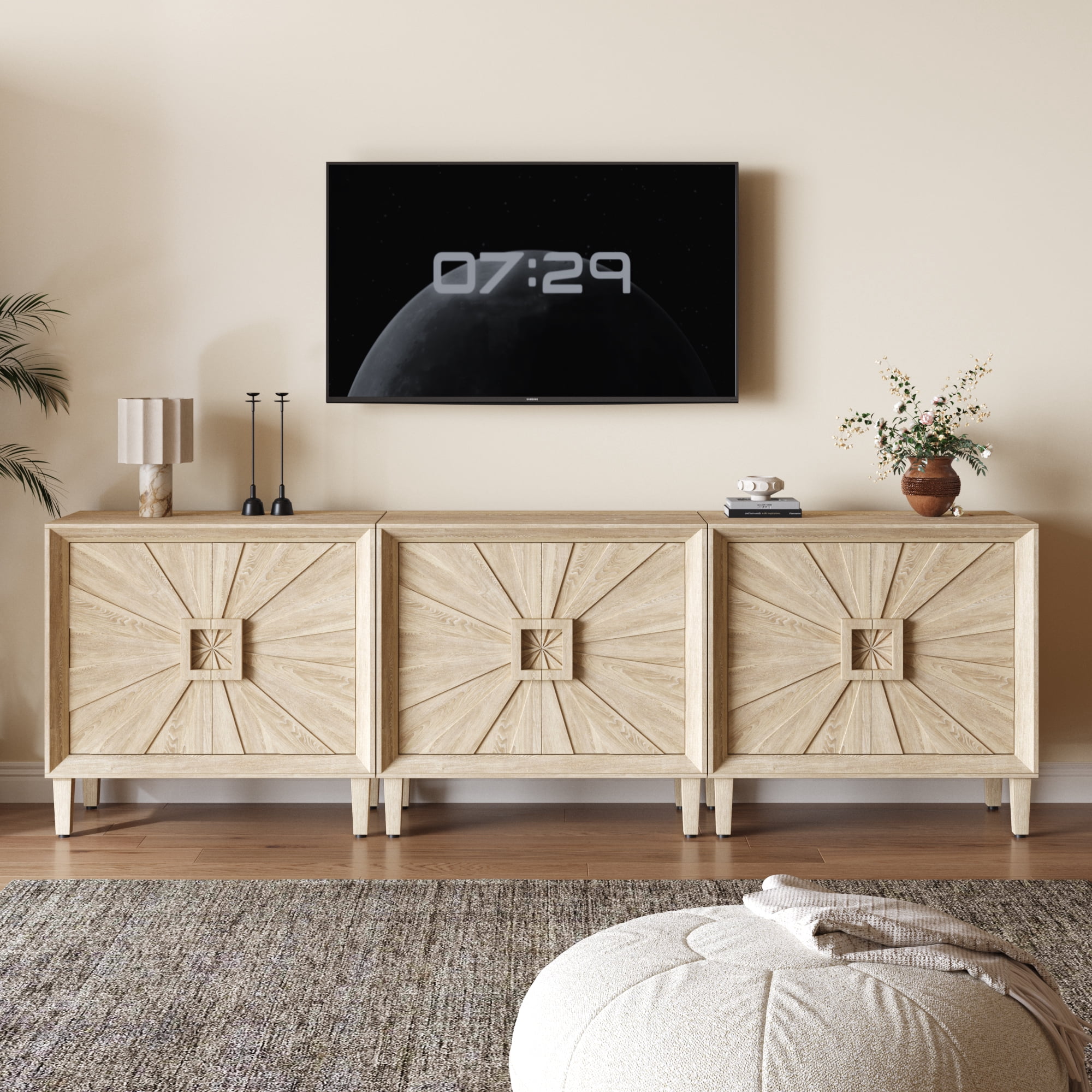 31.5" Antique Natural Mid-Century Modular Credenza Sideboard Buffet, Small Space Cabinet with Symmetrical Sunburst Doors, Accent Cabinet with Adjustable Shelves for Dining Room, Entryway & Hallway