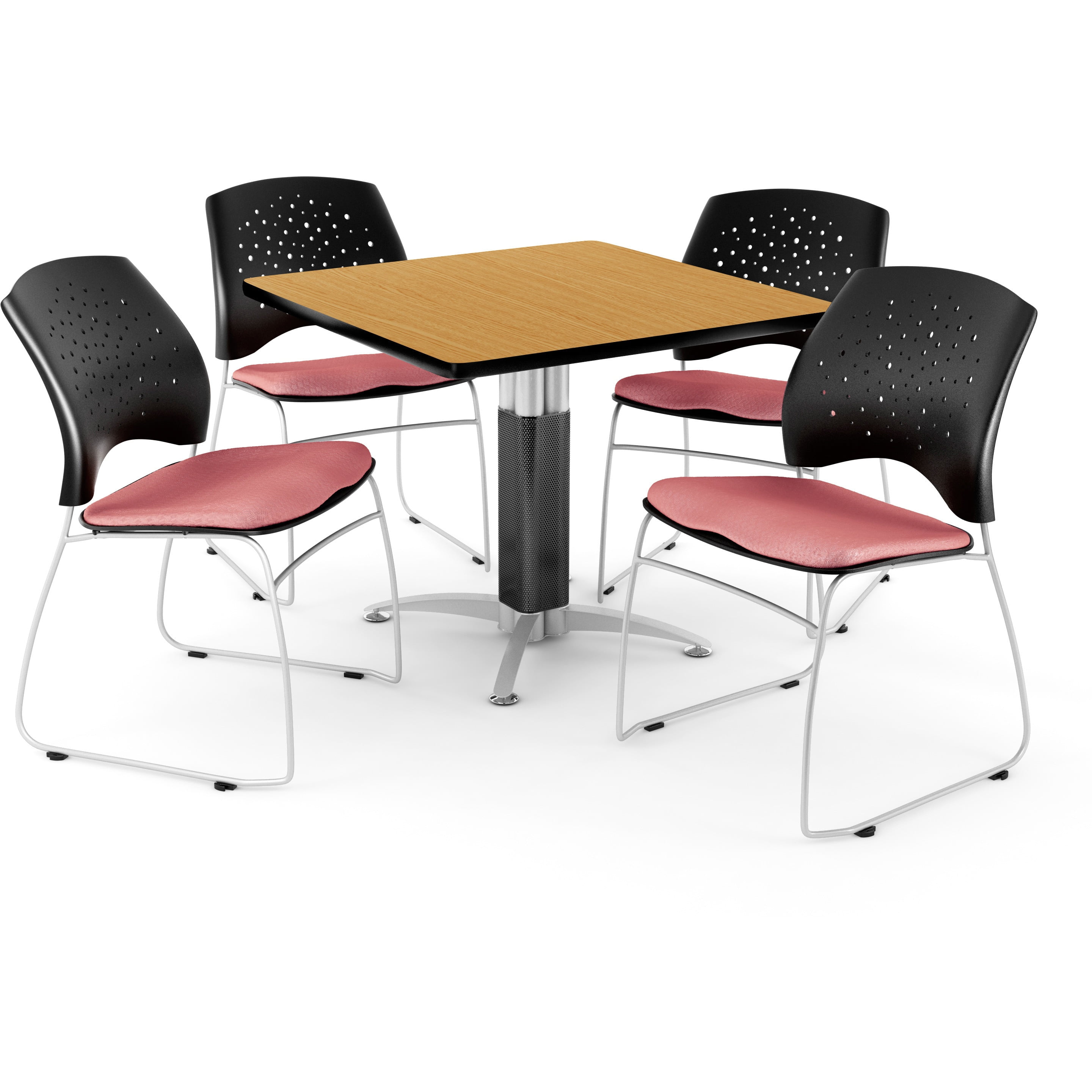 Core Collection Breakroom Bundle, 42" Square Metal Mesh Base Multi-purpose Table in Oak, 4 Stars Stacking Chairs in Lavender (PKG-BRK-018-0050)