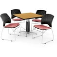thumbnail image 2 of Square Metal Mesh Base Table in Oak, 4 Stars Stacking Chairs in Burgundy, 2 of 5