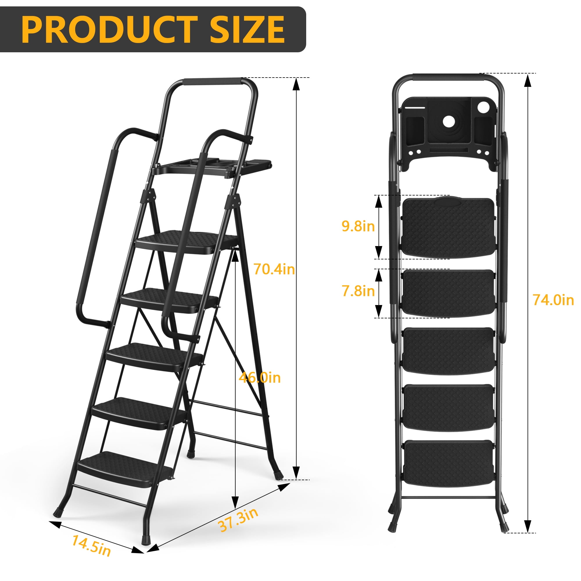 LevLad 5 Step Ladder with Tool Tray, Step Stool with Safety Lock, Non-Skid Wide Steps, Handrails, Household Folding Ladder for Home, Garden, Painting, Outdoor, Garage, Black