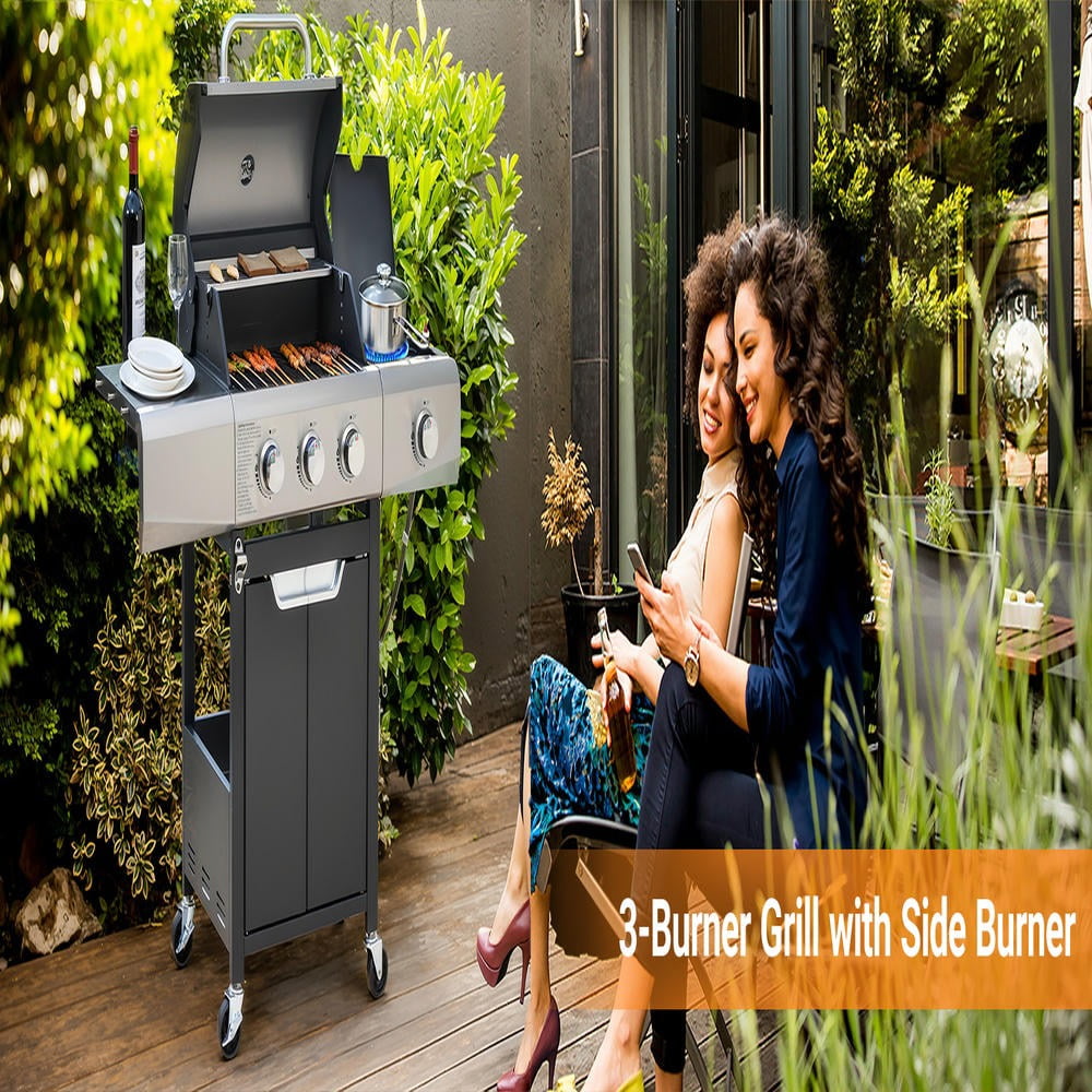 GVN Garden Grill with 3 Burner and Side Burner, Patio Backyard Barbecue Grill for Outdoor, BBQ, Camping, Silver