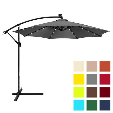 Best Choice Products 10ft Solar LED Offset Hanging Market Patio Umbrella w/ Easy Tilt Adjustment, Polyester Shade, 8 Ribs for Backyard, Poolside - Gray