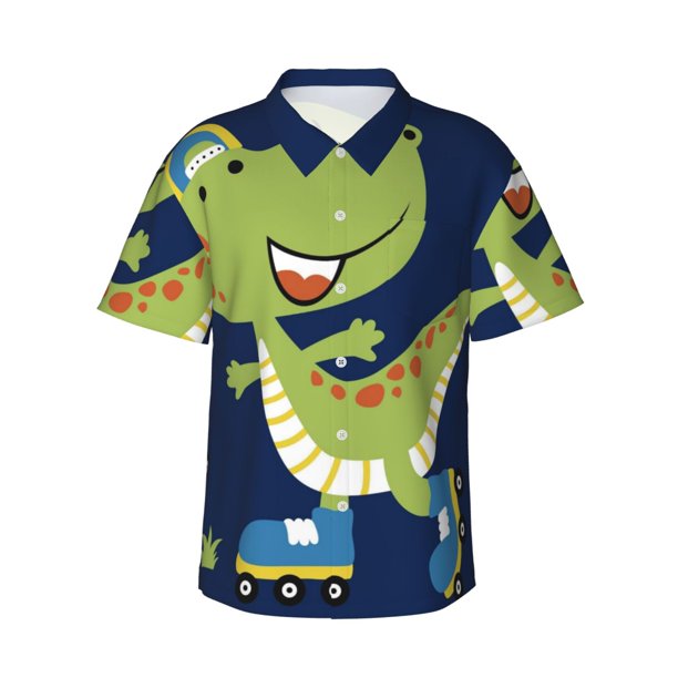 Balery Dino Playing Roller Skate Camisas hawaianas de manga corta para hombre, camisas playeras de corte holgado, camisas de vacaciones con botones,X-Large