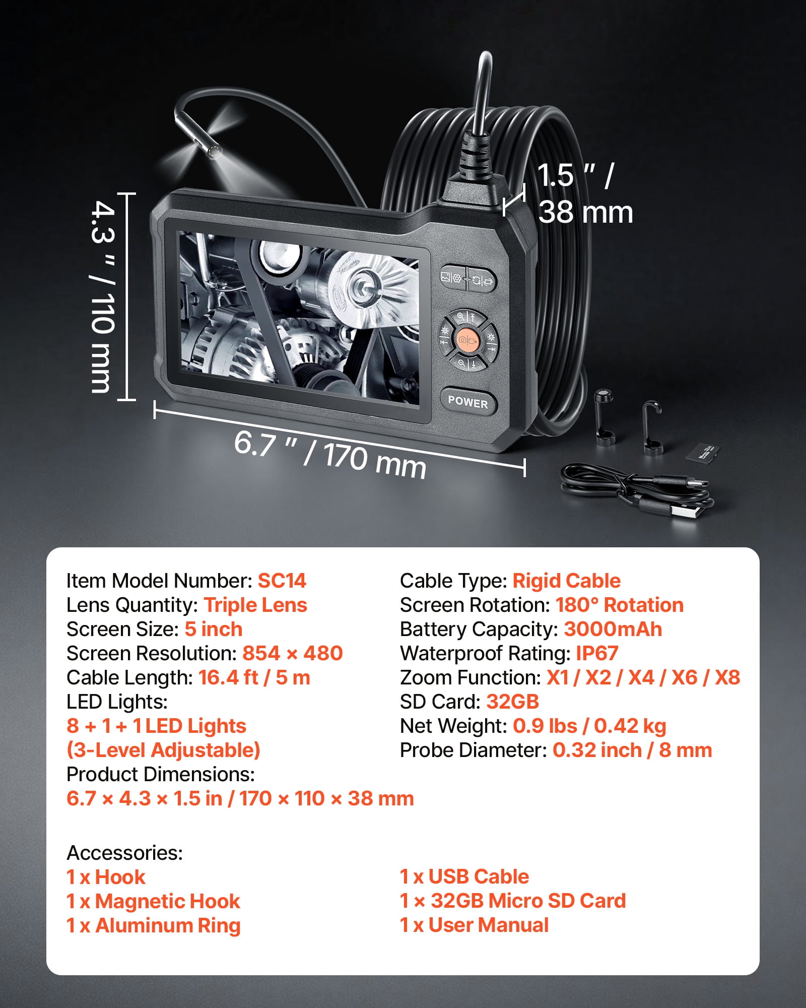 VEVOR Triple Lens Endoscope with Light, 5" HD IPS Screen Industrial Borescope, 1280 x 720 Lens, 8 + 2 LEDs, 8X Zoom, IP67 Waterproof Inspection Snake Camera for Auto, Plumbing (16.4FT Rigid Cable)