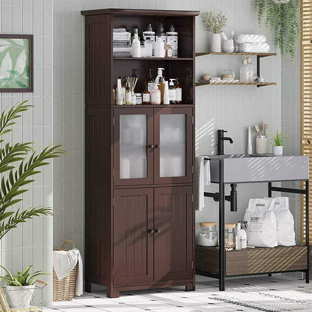 Bathroom Floor Storage 64” Large Freestanding Linen Tower with 2 Doors & Open