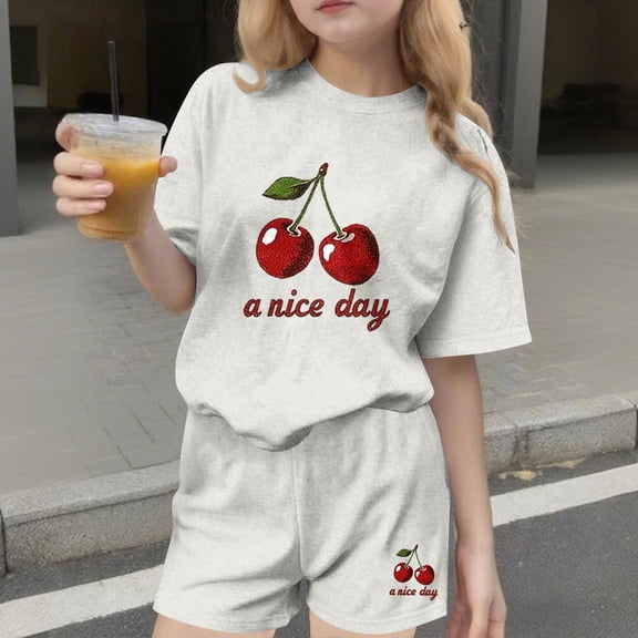 Cute Outfits for Girls 2 Piece Printed Short Sleeve Crewneck Shirt and Shorts Matching Set Sweatsuit Summer Clothes Gray 4-5Years