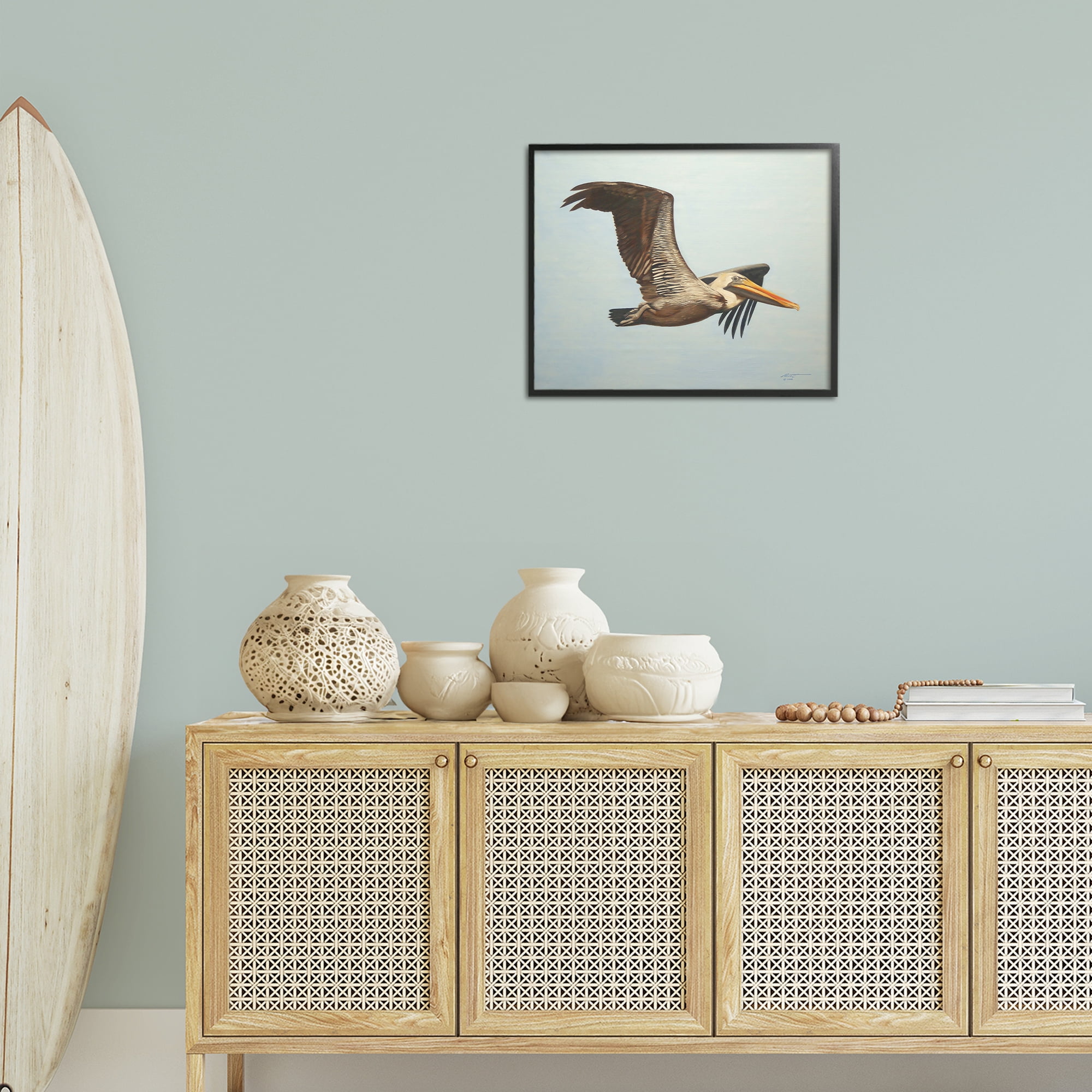 Stupell Industries Brown Pelican in Flight Animals & Insects Painting Black Framed Art Print Wall Art, 20 x 16