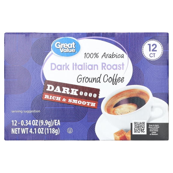 Great Value Dark Italian Roast Coffee Single Serve Pods, 12 Count