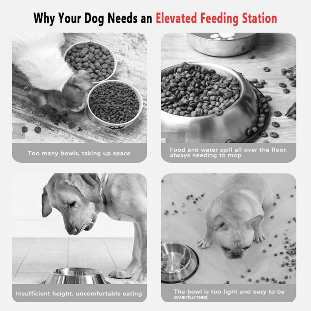 Adjustable Elevated Dog Feeding Station, Height - Adjustable (7 - 25cm) with Food Grade Stainless Steel Bowls, Tip - Resistant & Spill - Proof, Black/Gray Style, 1 Set
