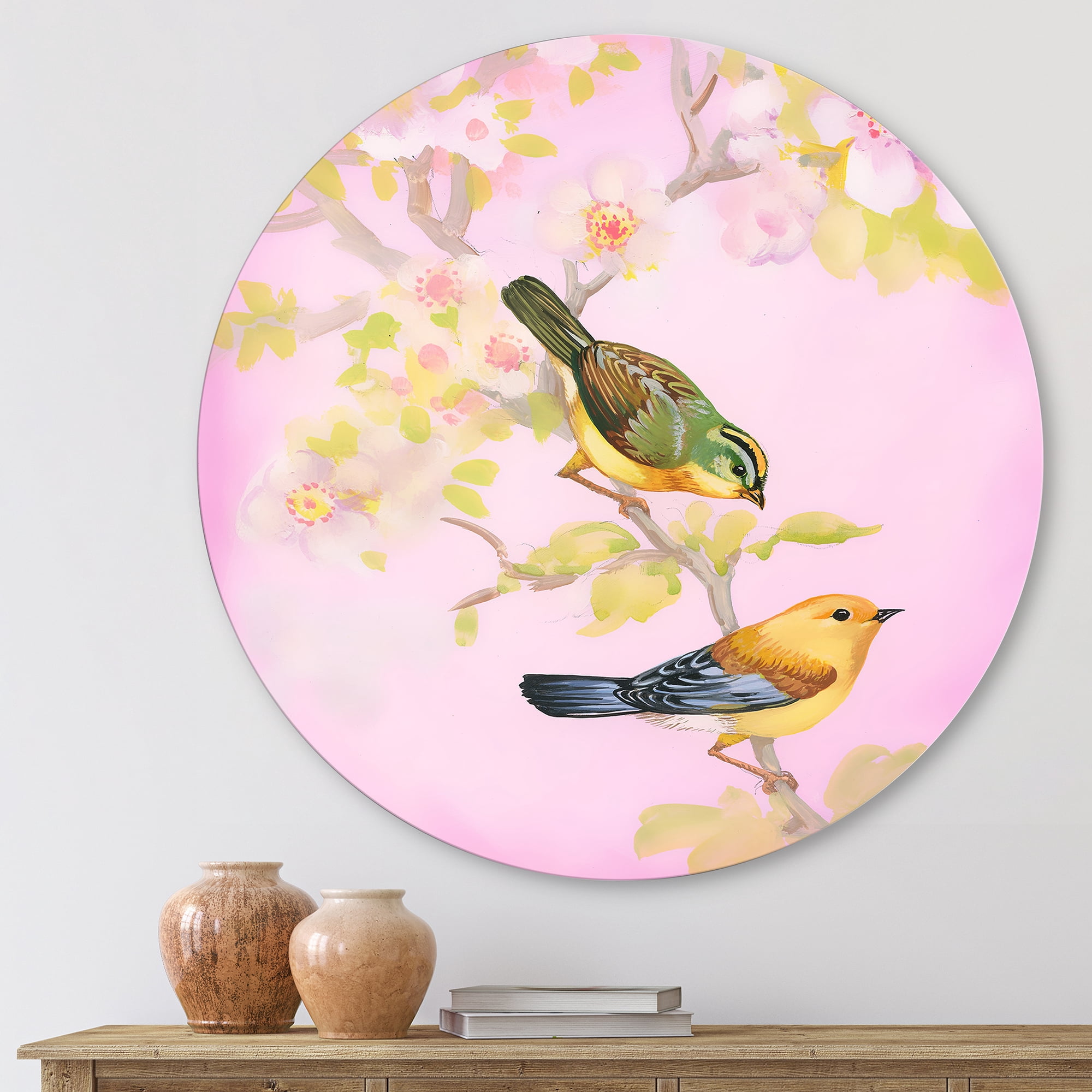 Designart 'Beautiful Bright Birds Sitting On Branch' Traditional Circle Metal Wall Art 23x23 - Disc of 23