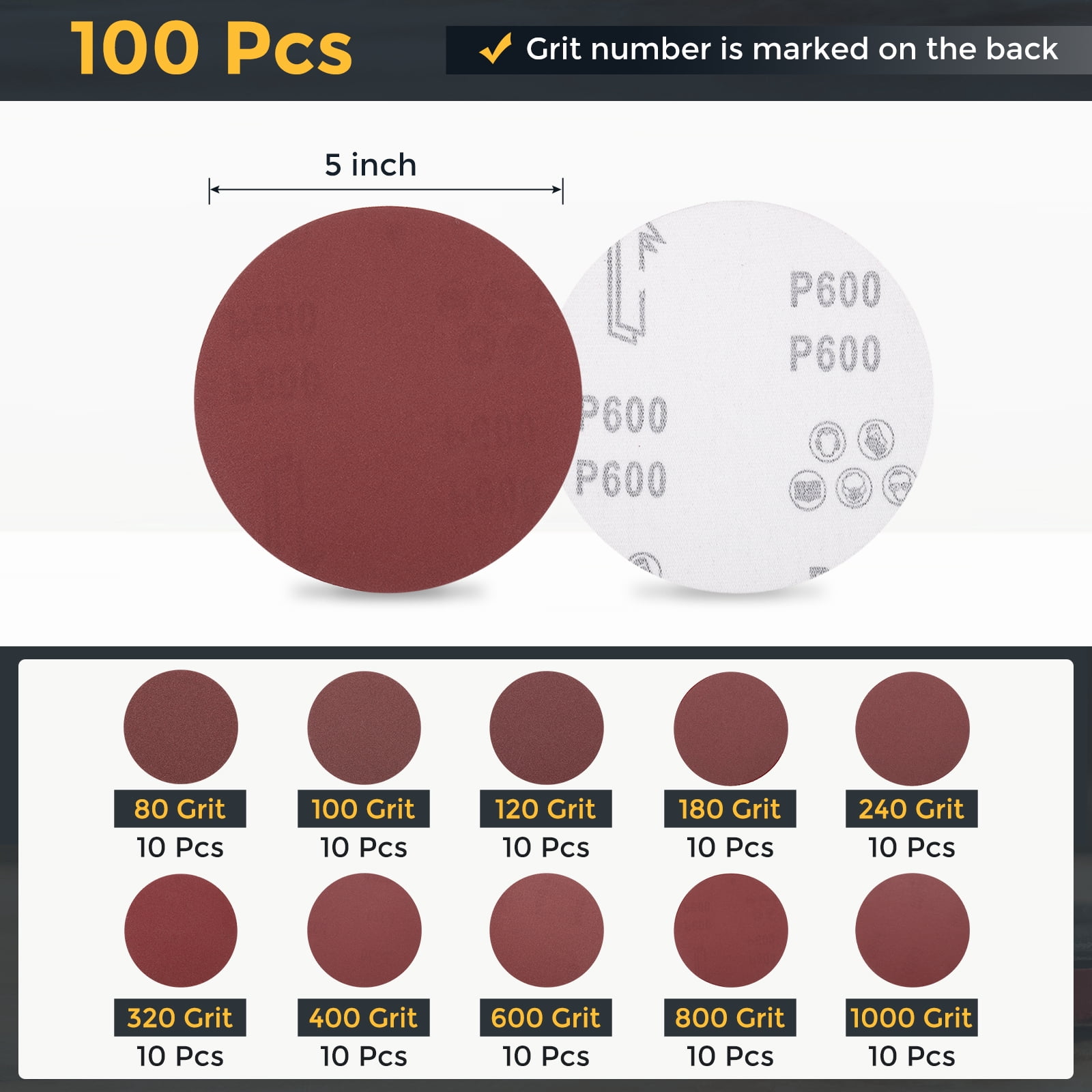 100 Pcs 5 Inch Sanding Disc 80/100/120/180/240/320/400/600/800/1000 Grit Hook and Loop Sandpaper Random Orbital Sander Pads for Woodworking Automotive
