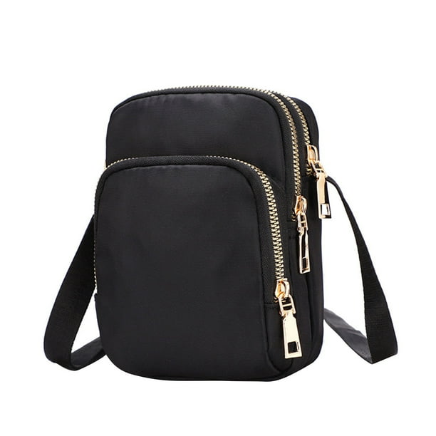 Bolso bandolera pequeño de nailon Solacol para mujer con cremallera de 3 capas, color negro
