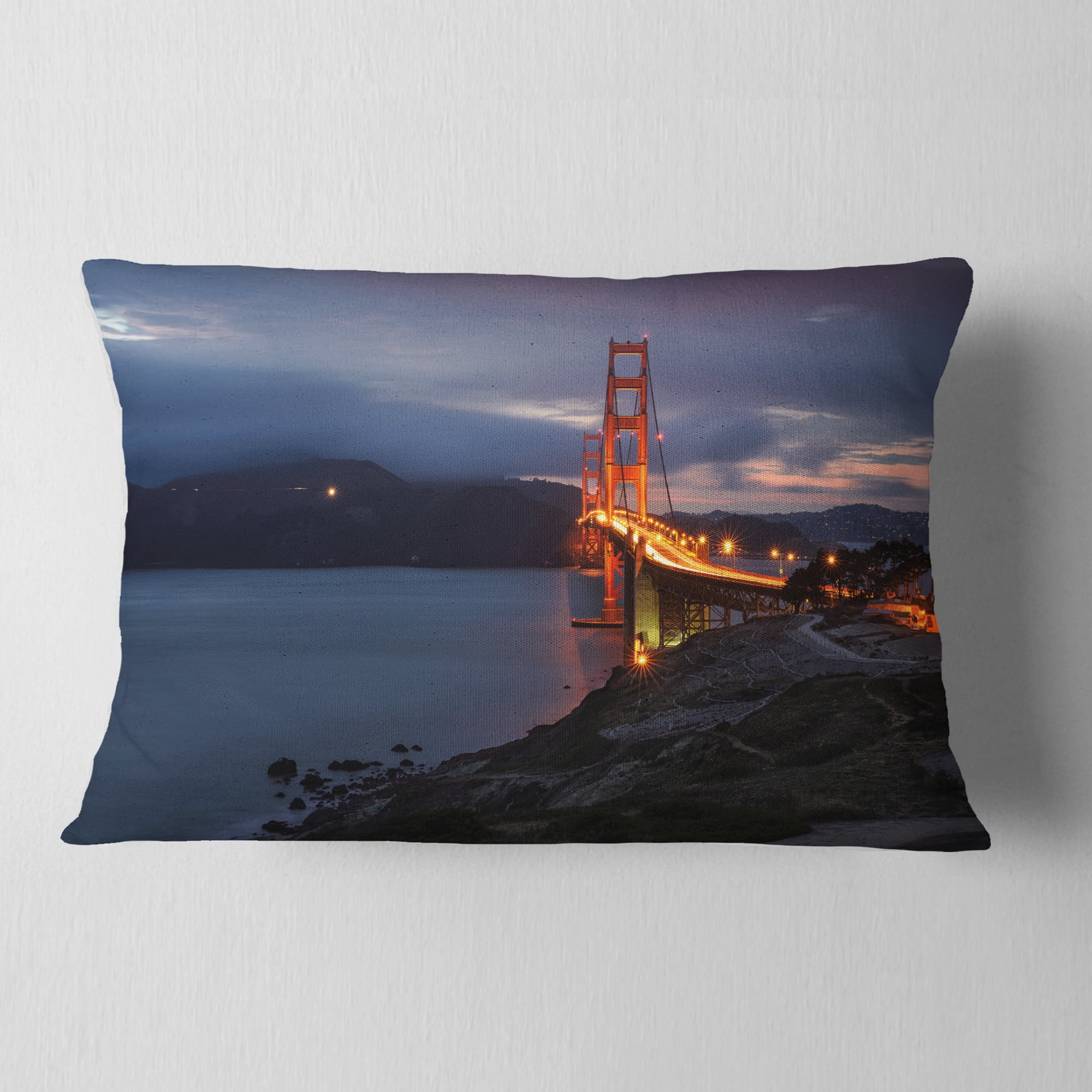 Designart Golden Gate with Night Illumination - Sea Bridge Throw Pillow - 12x20