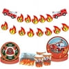 LaVenty 33 PCS Fireman Birthday Banner Firetruck Birthday Supplies Firetruck Party Plates and Napkin Firefighter Birthday Party Decoration Fire Department Party Decoration