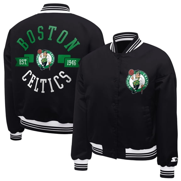 Women's Starter Black Boston Celtics Printed Logo Cropped Satin Varsity Full-Snap Jacket