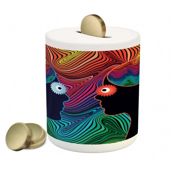 Psychedelic Piggy Bank, Crazy in Love Couple Romance Man and Woman with Floral Stripes Illustration, Ceramic Coin Bank Money Box for Cash Saving, 3.6" X 3.2", Multicolor, by Ambesonne