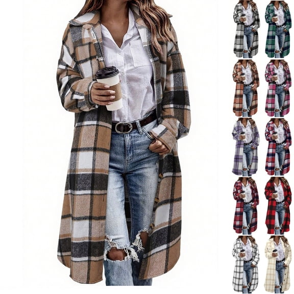 Fmbrln Womens Long Plaid Coat Full Button Long Sleeve Lapel Collar Checkered Jackets Fall Winter Fashion Cardigan Coat with Pockets