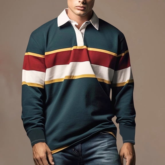 Zivyakyron Rugby Mens Polos Striped Big and Tall Long Sleeve Fall Button Casual Collared Colorblock Shirt Green 4XL