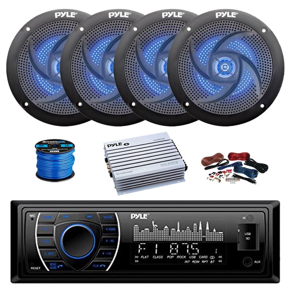 Pyle PLRMR27BTB Bluetooth Marine AM/FM Stereo Receiver, 4-Channel Amplifier w/Install Kit, 4X 5.25" 180 Watt 2-Way Slim Low Profile Blue Flashing LED Audio Speakers (Black) w/ Wire