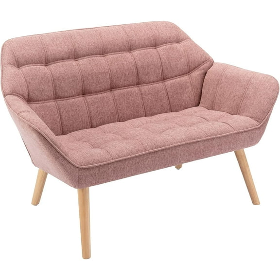 48" Small Loveseat for Small Spaces, Upholstered Linen Loveseat Sofa, Mid Century Modern Mini Couch with Armrest and Wood Legs for Bedroom, Living Room, Apartment, Pink