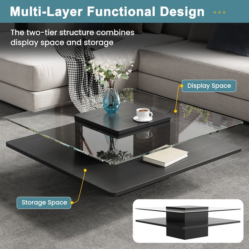 31.5''W Square Cocktail Coffee Table with Clear Tempered Glass Top, 2-Tier Accent Center Table with Open Storage Shelf