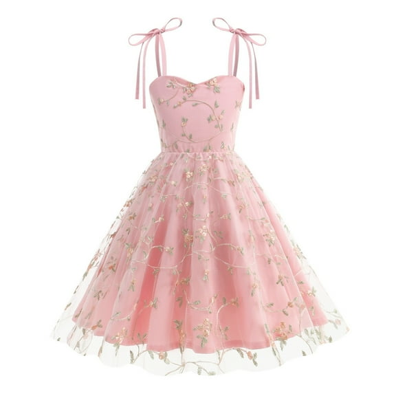 Xyxonk Children's Summer Suspender Dress Mesh Embroidery Bowknot Sleeveless Dresses Holiday Beach Off the Shoulder Spaghetti Strap Princess Dress Pink