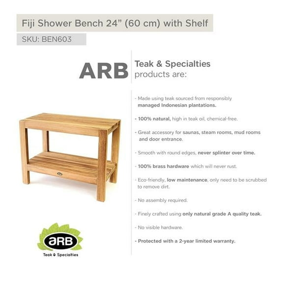 ARB TEAK & SPECIALTIES BEN603 Teak Shower Bench Fiji 24' (60 cm) with Shelf