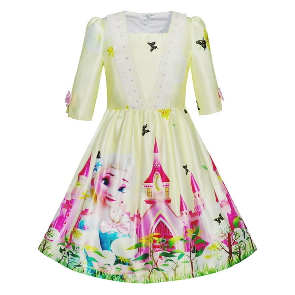 Girls Dress Princess Elsa Castle Butterfly 3/4 Sleeve Dress 5 Years