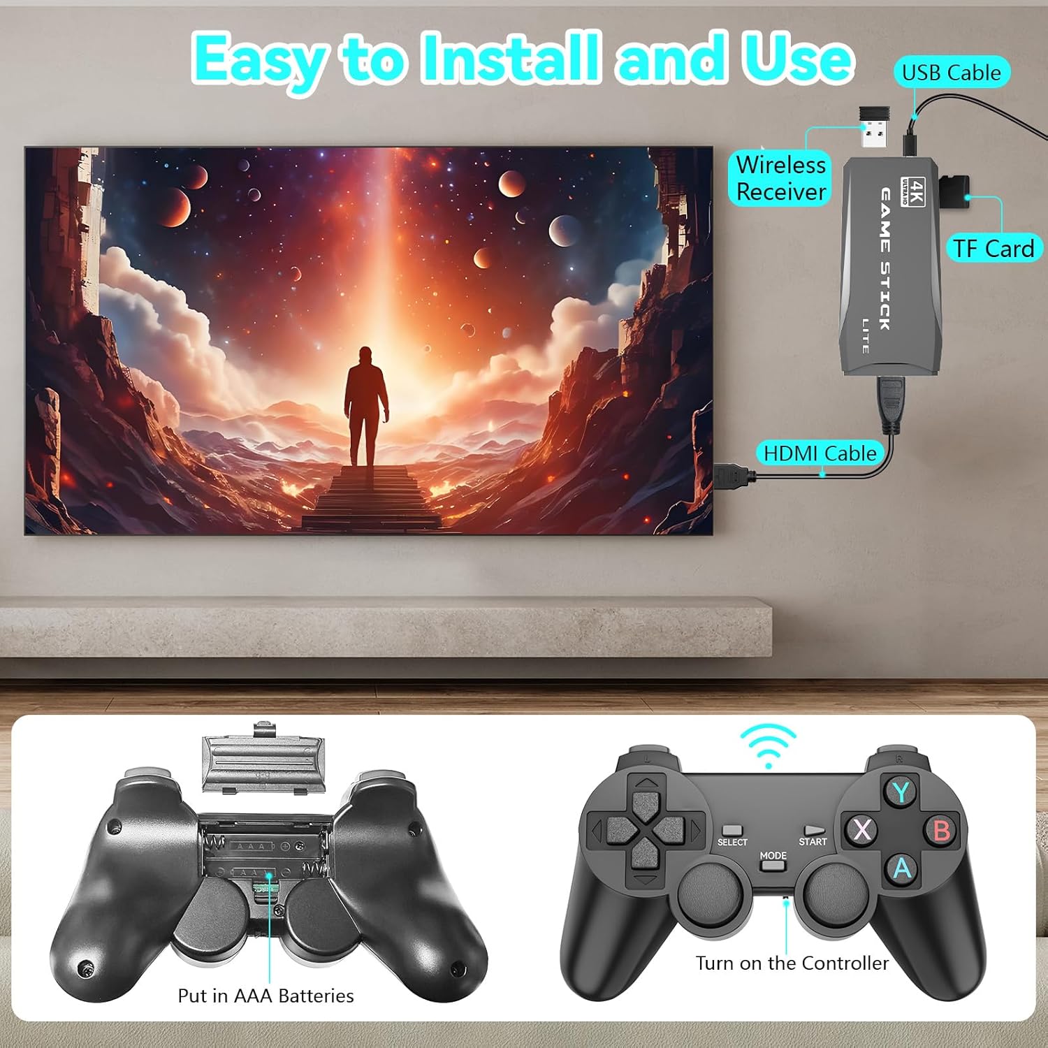 Retro Game Console, Retro Game Stick, Wireless Retro Game Console with 20000  Games and 9 Emulators, Retro Drive Game Stick 4K HDMI Output, 2.4GHz Wireless TV Plug and Play Controller