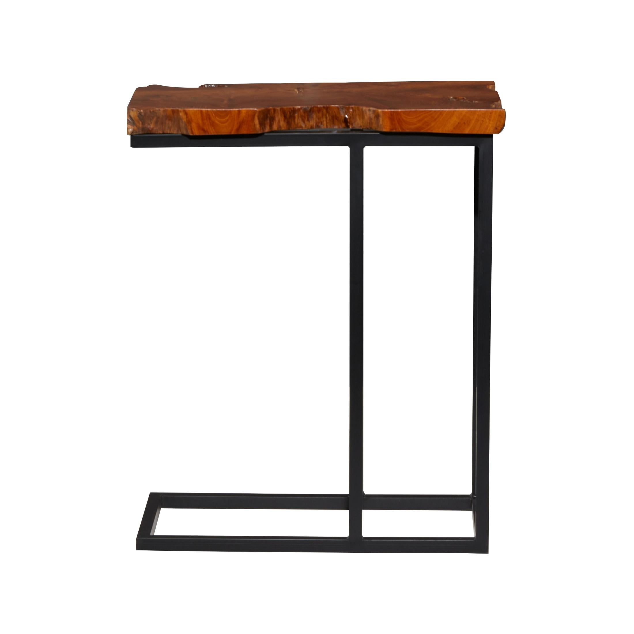 DecMode 11" x 25" Brown Teak Wood Live Edge Top Accent Table with Black Metal Base, 1-Piece