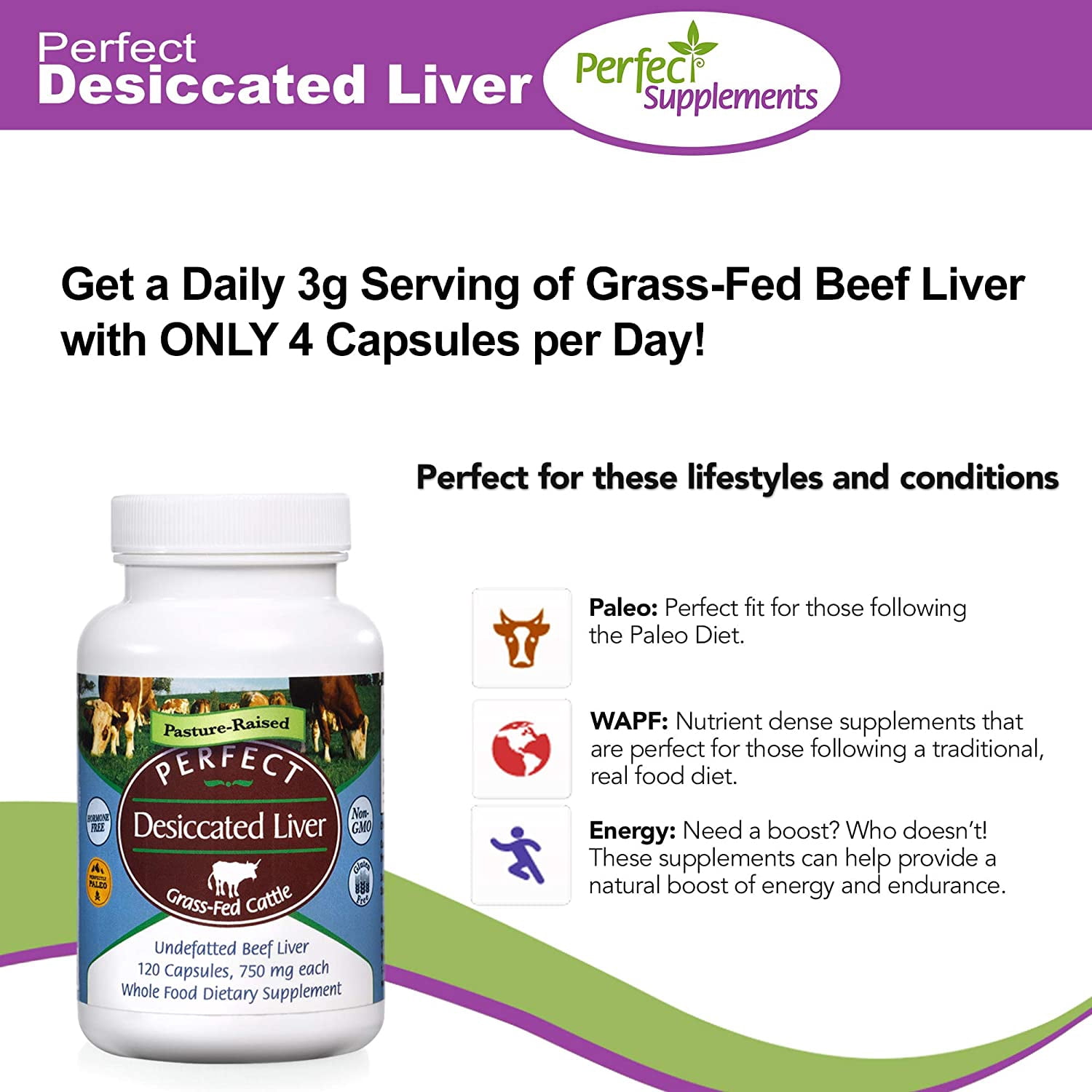 Perfect Supplements – Perfect Desiccated Liver – 120 Capsules - Undefatted Beef Liver – Natural Source of Protein, Iron, Vitamins A & B