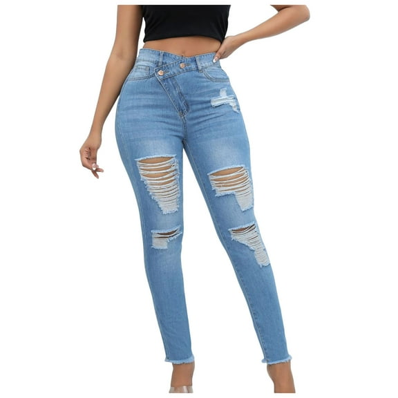 YDFCWXW Women's High Waisted Jeans for Women Ripped Skinny Stretch Jeans Distressed Lifting Denim Pants Light Blue, M
