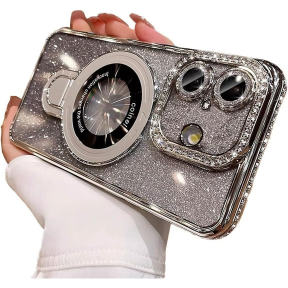 Magnetic Ring Stand Glitter Case for iPhone 16 Plus, (Compatible with Magsafe) Women Girly Luxury Bling Diamond Rhinestones Cover with Camera Lens Protector for iPhone 16 Plus (Silver)