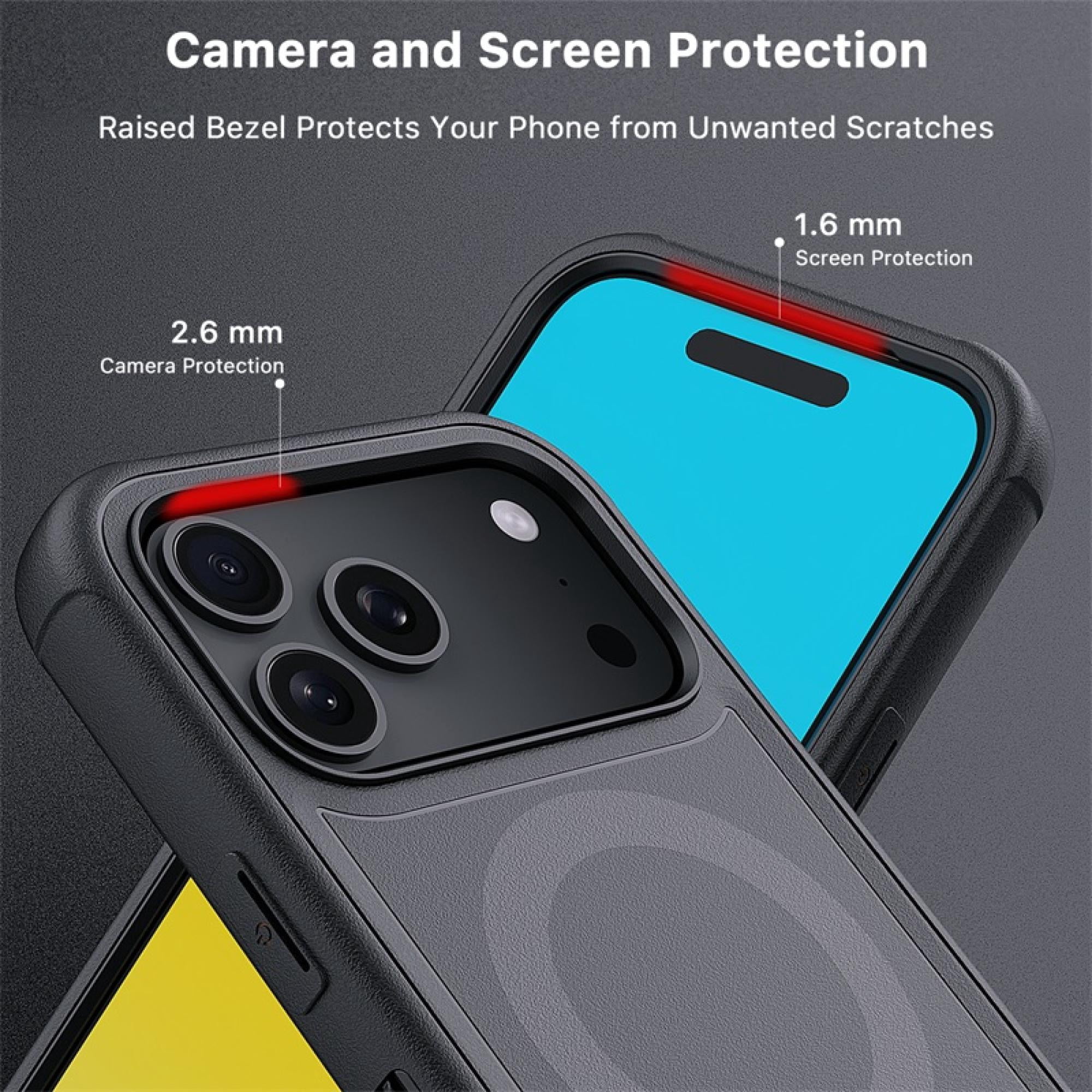Hybrid Rugged Case with Detachable Belt Clip Holster and Tempered Glass Screen Protector, Magnetic Charging-Compatible, Black, Compatible with iPhone 15 Pro