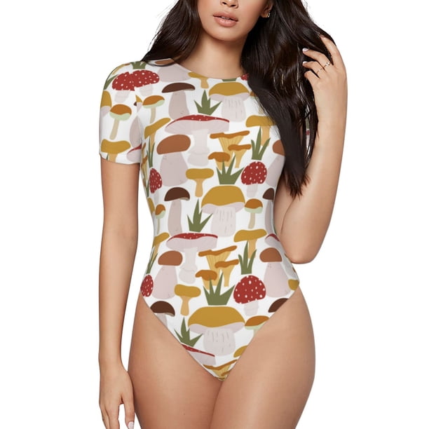 Balery Mushroom Body de cuello redondo de manga corta para mujer Tops de manga corta Tops básicos-Large