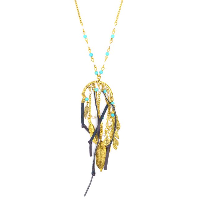Collar de Gargantilla con Flecos y Borlas Zulema con Cadena de Turquesa para Mujeres Niñas Dorado