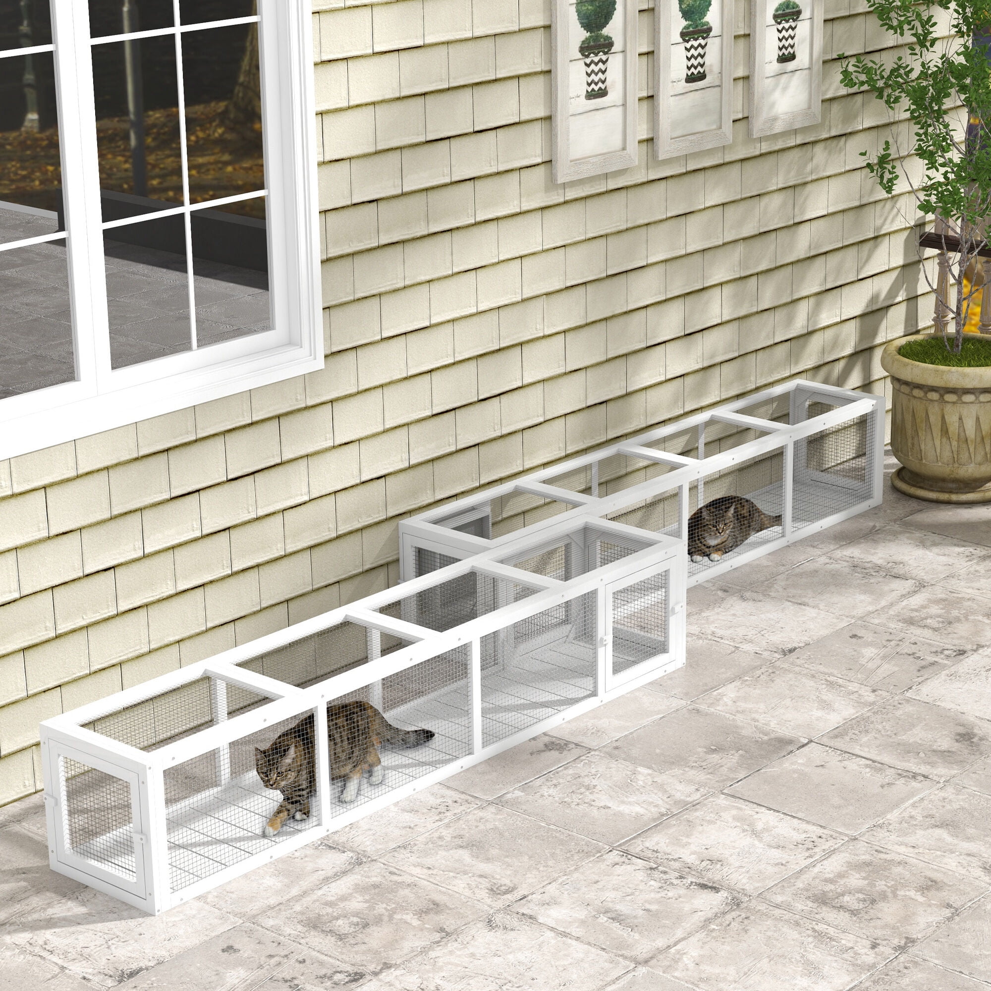 Orthopedic Dog Bed, PawHut Outdoor Cat Tunnel with Extendable Design, 79" L Wooden Cat Run with Weather Protection, Connecting Inside and Outside, for Deck Patios, Balconies, White, Dog Bed