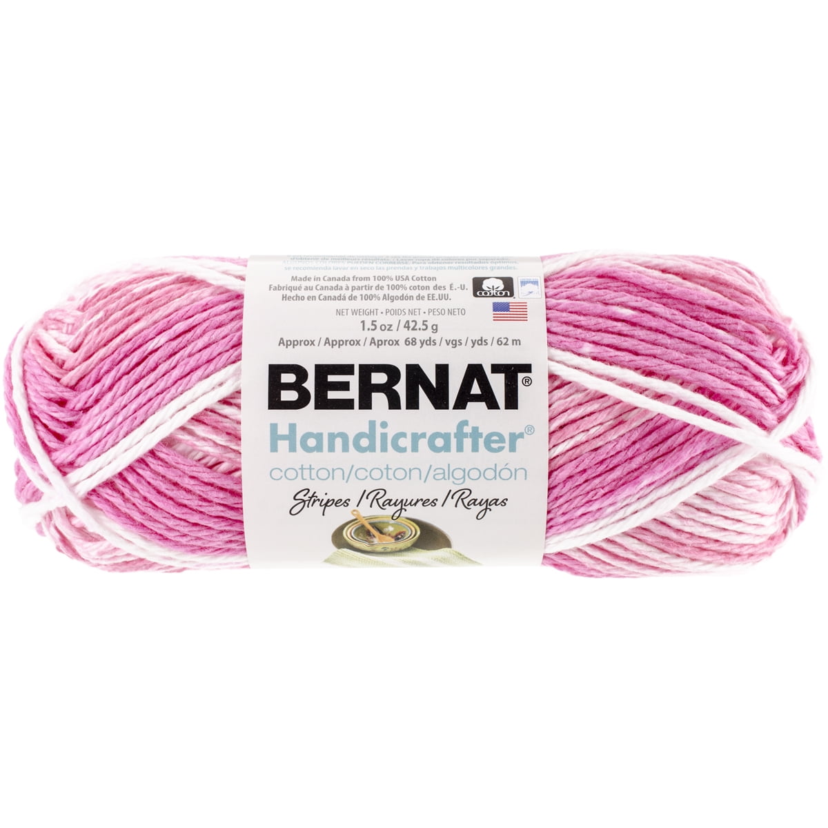 Bernat Handicrafter Cotton Stripes Yarn (43G/1.5Oz), Pinky Stripes