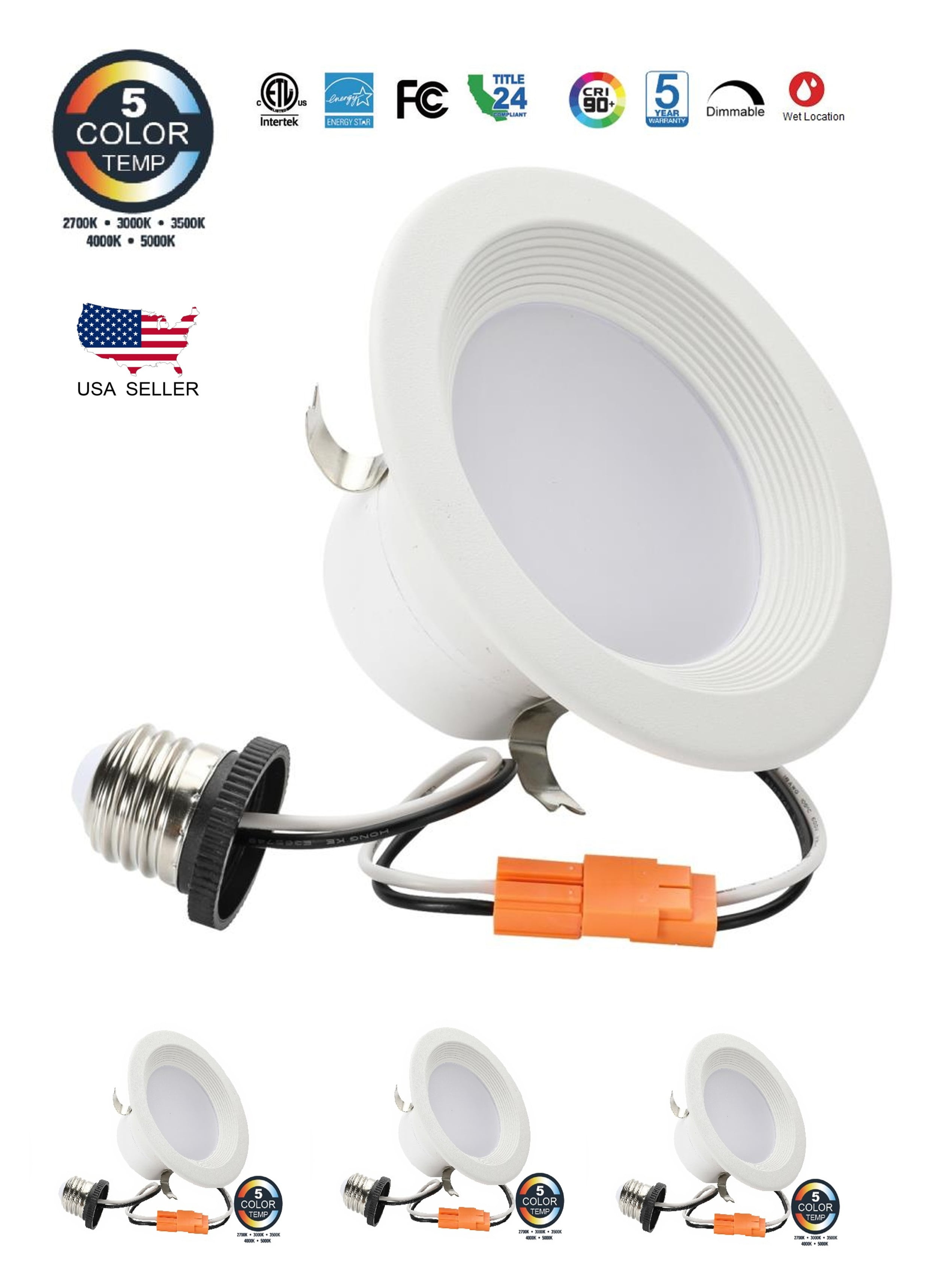 15W ENERGY STAR UL Listed,TITLE 24 JA8-2016 Compliant 4 Pack 5000K Daylight 5 / 6 Dimmable LED Downlight Smooth Trim 1100 Lumens 120W Replacement Recessed Retrofit Lighting Trim 