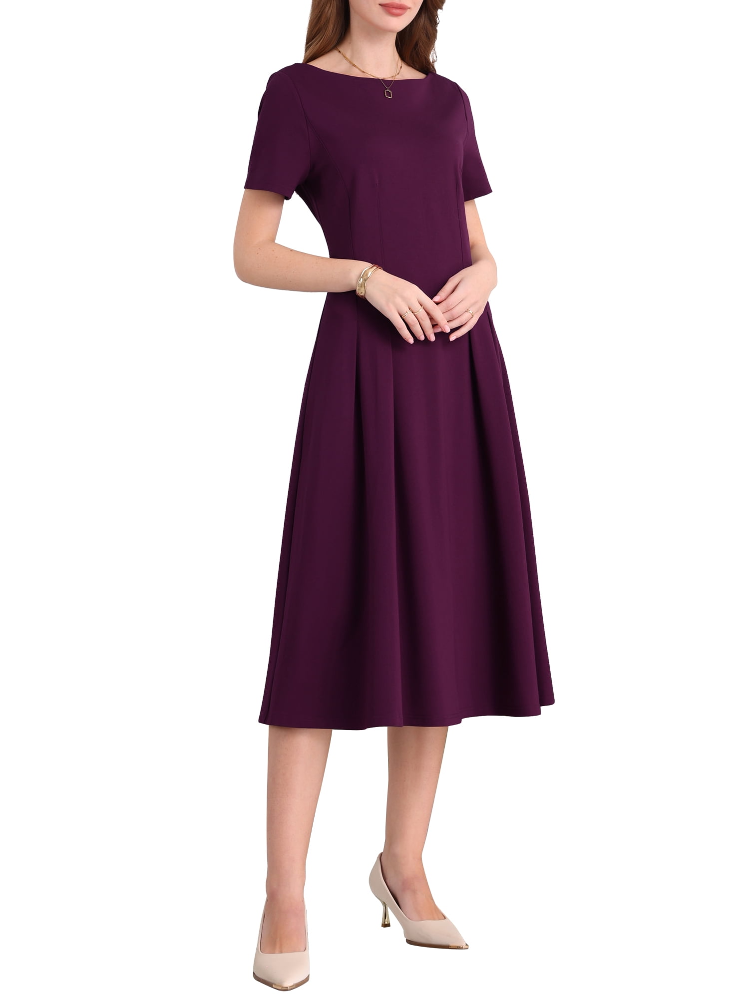DARING DIVA Women's Boat Neck A-Line Midi Dress for Work Events M Purple Red