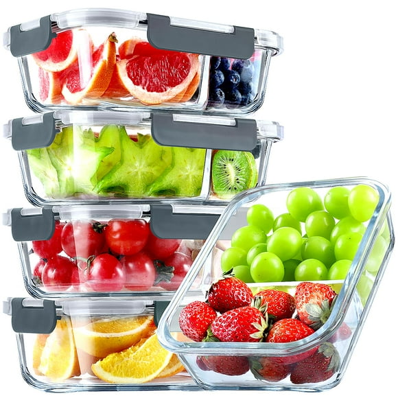 Recipientes de vidrio para preparación de comidas VERONES con 2 compartimentos, 1,1 x 5 pulgadas, color gris