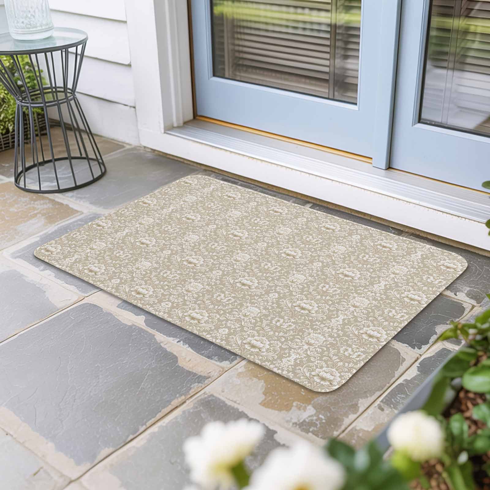 Beige Damask Doormat Outdoor Entrance 24"x36", Vintage Country Scroll Floral Patterned Absorb Moisture Dirt Door Mats, Non-Slip Rubber Backing Floor Mats Indoor, Low-Profile Front Door Rugs