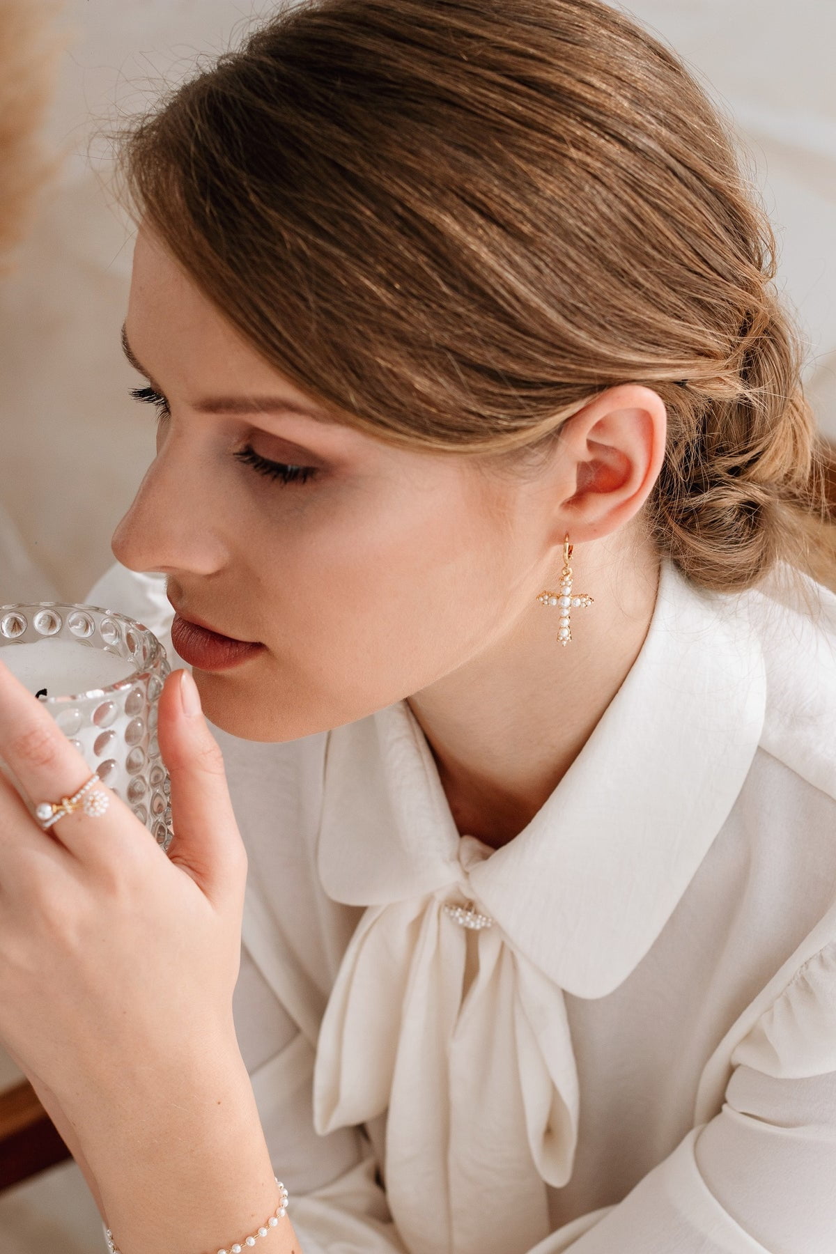 Diamond Cross Dangle Earrings - 14K Gold Plated Cubic Zirconia Crystal Earrings - Cross Earrings, CZ Hoop Huggies, Christian Jewelry for Women, Dangling Cross Huggies