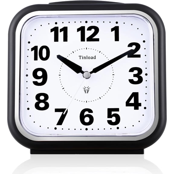 5.5" Large No Ticking Analog Alarm Clock,Silent Readable for Seniors,Easy to Set,Gradual Rise Alarm,Big Numbers,Gentle Wake,Snooze, Lighted on Demand,Battery Operated,Black