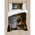 thumbnail image 3 of Rustic Home Decor Queen Size Duvet Cover Set, Old Haunted Abandoned Wood House at Dark Night with Bats Scary Horror Paint, Decorative 3 Piece Bedding Set with 2 Pillow Shams, Multi, by Ambesonne, 3 of 3